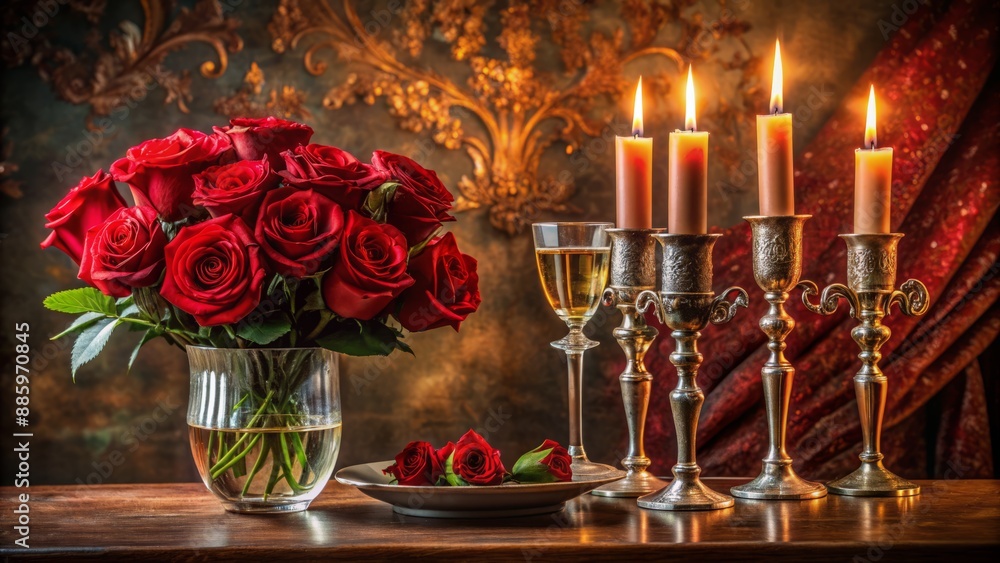 Elegant still life of long-stemmed red roses, champagne flutes, and ornate vase on a velvet-draped, candle-lit dining table. Elegant still life of long-stemmed red roses, champagne flutes, and ornate vase on a velvet-draped, candle-lit dining table.