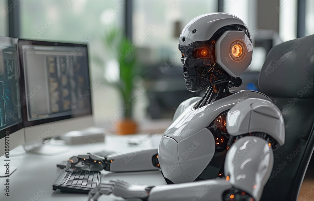 AI chatbot robot assistance utilizing a computer as artificial intelligence while seated at a desk AI chatbot robot assistance utilizing a computer as artificial intelligence while seated at a desk