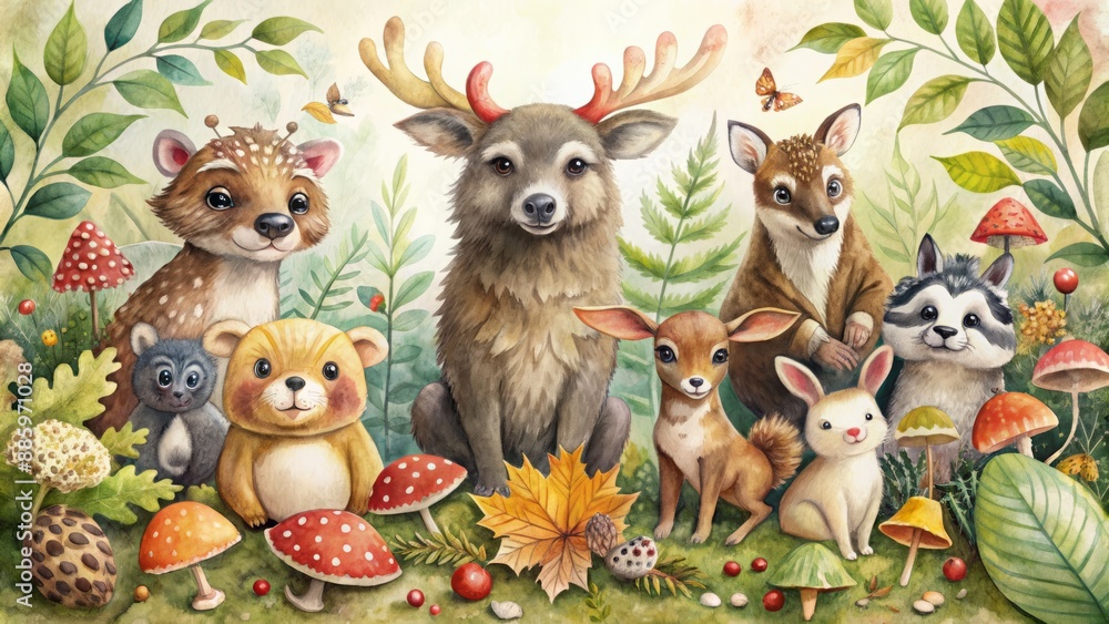 Obraz premium Whimsical watercolor forest gathering featuring moose, squirrel, owl, fox, raccoon, bunny, and bear surrounded by mushroom leaves.