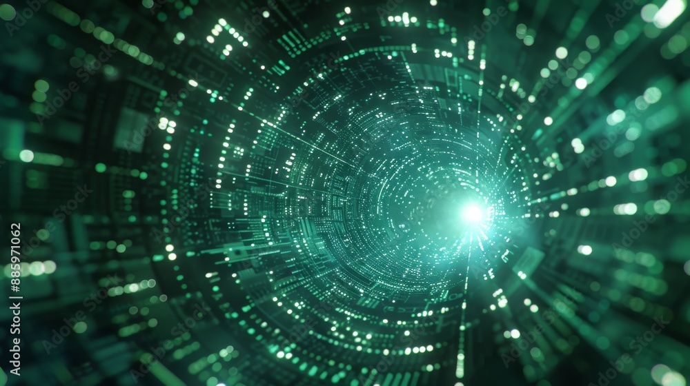 A futuristic tunnel made of glowing green lights and digital patterns. Technology and cyberspace A futuristic tunnel made of glowing green lights and digital patterns. Technology and cyberspace