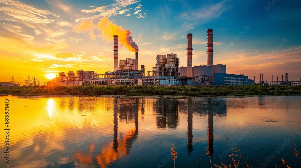 Naklejka premium Golden Glow Transforming Industrial Grit into Ethereal Beauty at a Power Plant