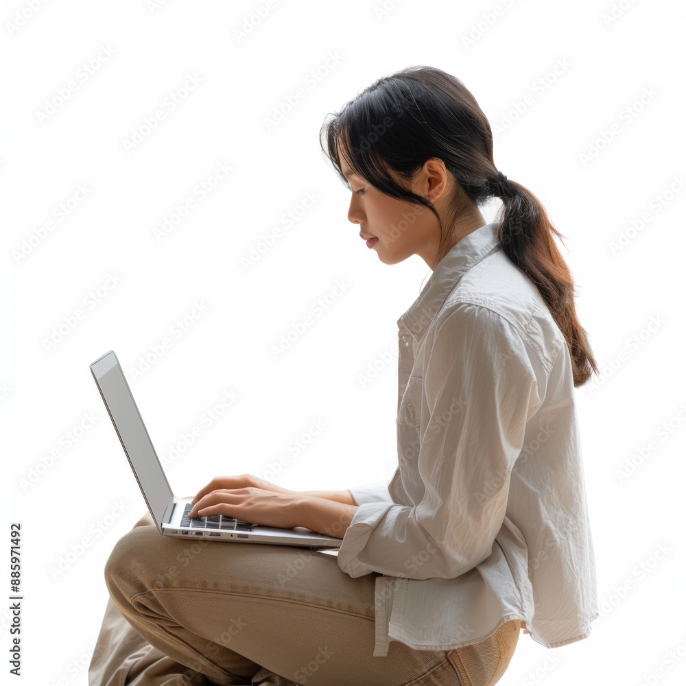 side view of a woman, sitting with a laptop, working side view of a woman, sitting with a laptop, working
