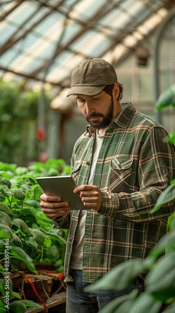 An agronomist is standing in a hothouse, controlling an irrigation system with a tablet. An agronomist is standing in a hothouse, controlling an irrigation system with a tablet.