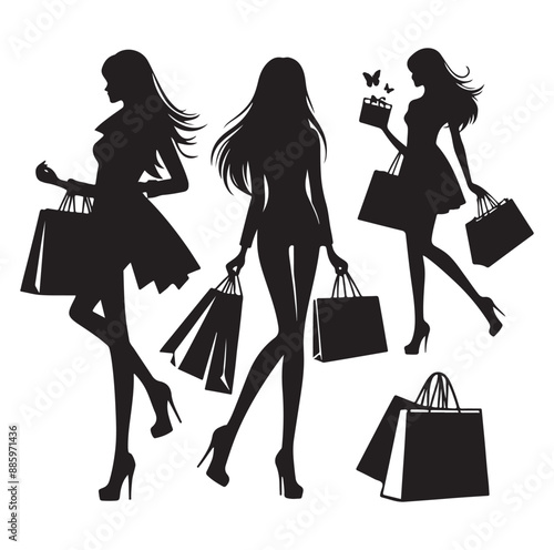 Shopping girl people silhouette vector illustrations.