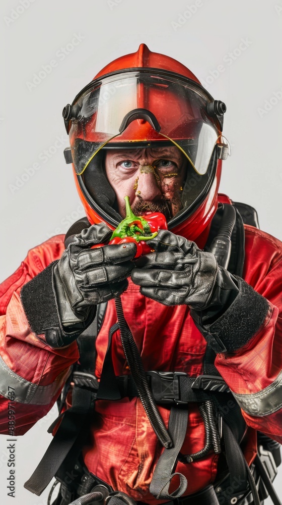 Show a hyper man und Fireworker Suit look into the camera and ate spicy Chilli Show a hyper man und Fireworker Suit look into the camera and ate spicy Chilli