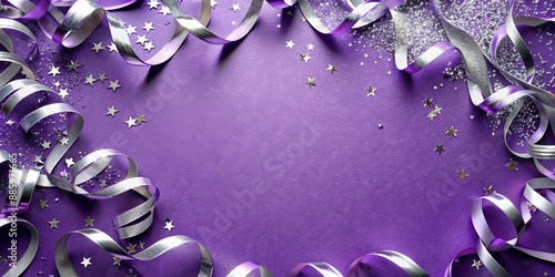 Festive purple background with lavender and silver streamers for celebration with copy space, lavender, silver photo