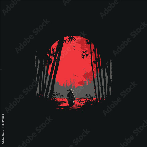 
vector illustration of Ninja, Assassin, Samurai training at night during full moon. Perfect for wallpapers, posters, etc
