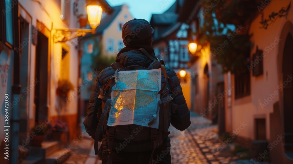 Wanderlust Lost in Old World Charm Person Studying Map under Streetlamp in European Town Wanderlust Lost in Old World Charm Person Studying Map under Streetlamp in European Town