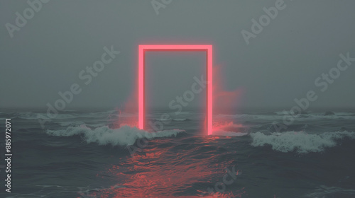 a neon rectangular portal door in a surreal ocean with waving and dramatic weather, abstract other worldly landscape