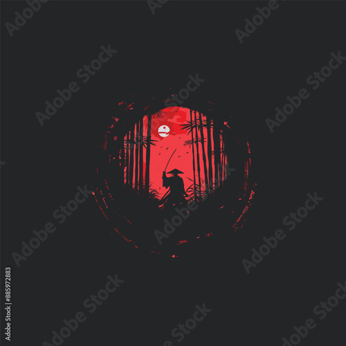 
vector illustration of Ninja, Assassin, Samurai training at night during full moon. Perfect for wallpapers, posters, etc