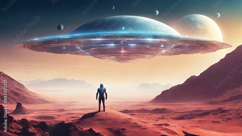 Fototapeta premium Astronaut Contemplating Celestial Wonders on Alien Planet