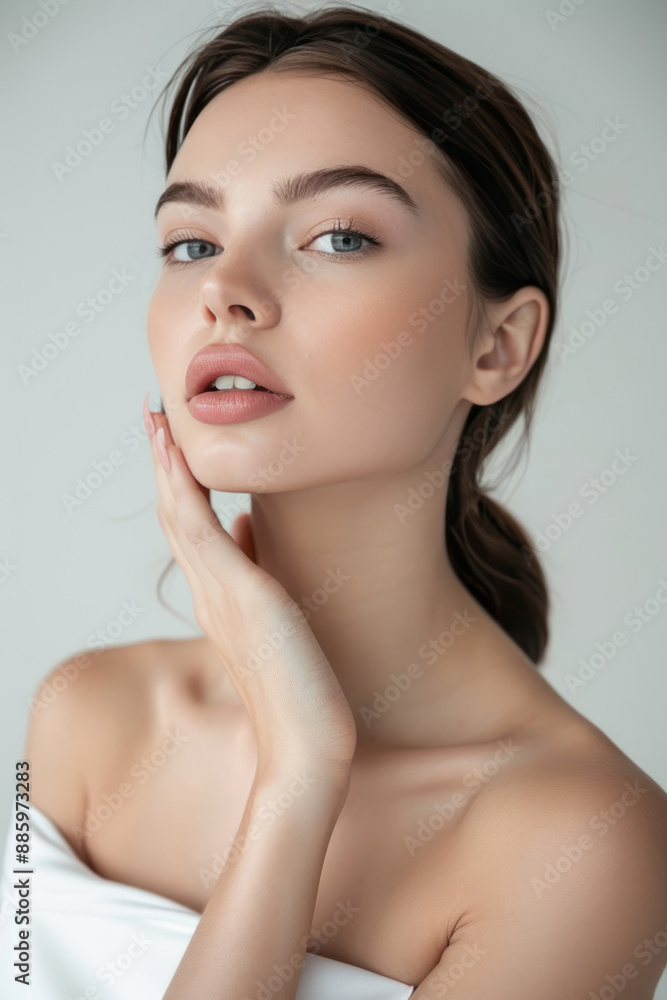 A woman with clean fresh skin is touching her neck on a grey background, posing in a spa salon. A woman with clean fresh skin is touching her neck on a grey background, posing in a spa salon.