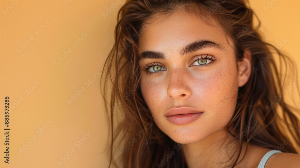 A young woman with beautiful eyebrows is looking at the camera, isolated on a beige background. It's a beauty and skincare concept. A young woman with beautiful eyebrows is looking at the camera, isolated on a beige background. It's a beauty and skincare concept.