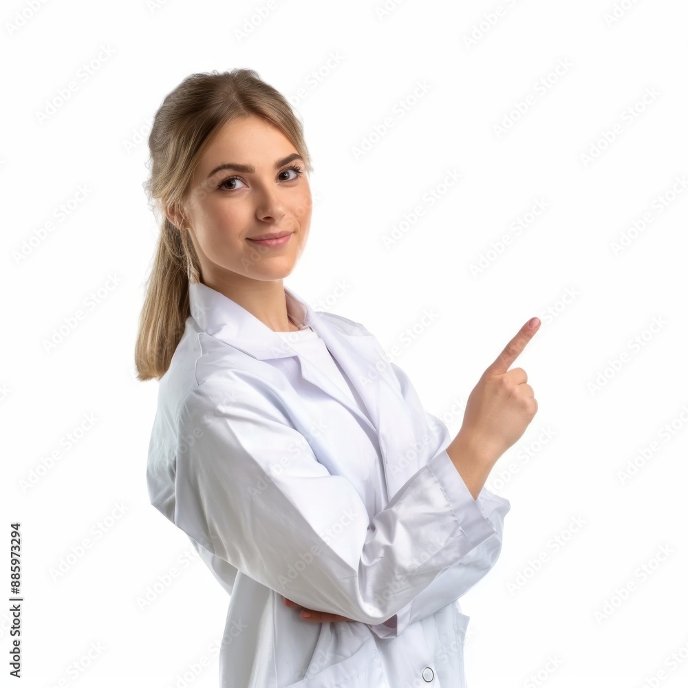 pretty female pharmacist with one hand pointing to something to her side, facing camera pretty female pharmacist with one hand pointing to something to her side, facing camera