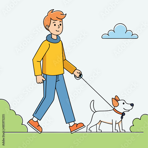 Pet Walking - A person walking a neighbor's dog vector art illustration