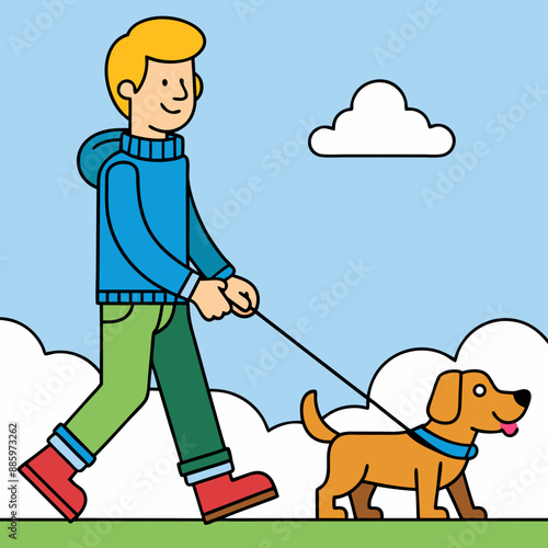 Pet Walking - A person walking a neighbor's dog vector art illustration