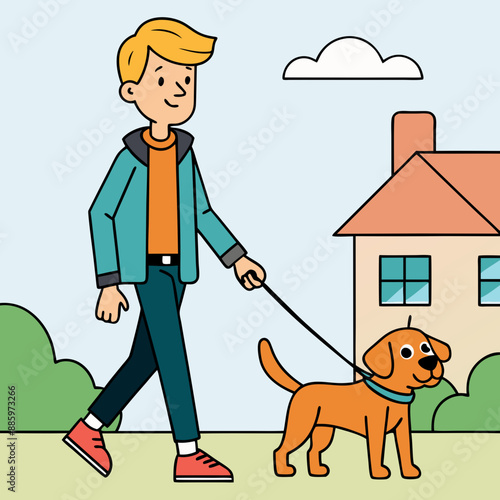 Pet Walking - A person walking a neighbor's dog vector art illustration