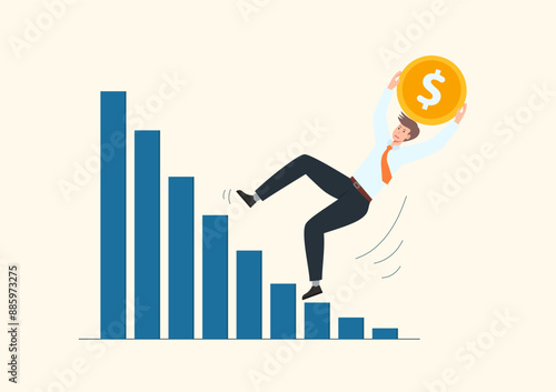 Businessman slipping on graph of business mistakes concept, failure, accident, stock market crash, economic downturn, recession, bankruptcy.
