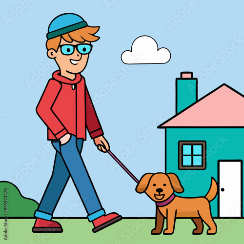 Pet Walking - A person walking a neighbor's dog vector art illustration