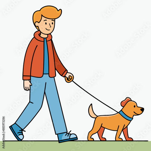 Pet Walking - A person walking a neighbor's dog vector art illustration