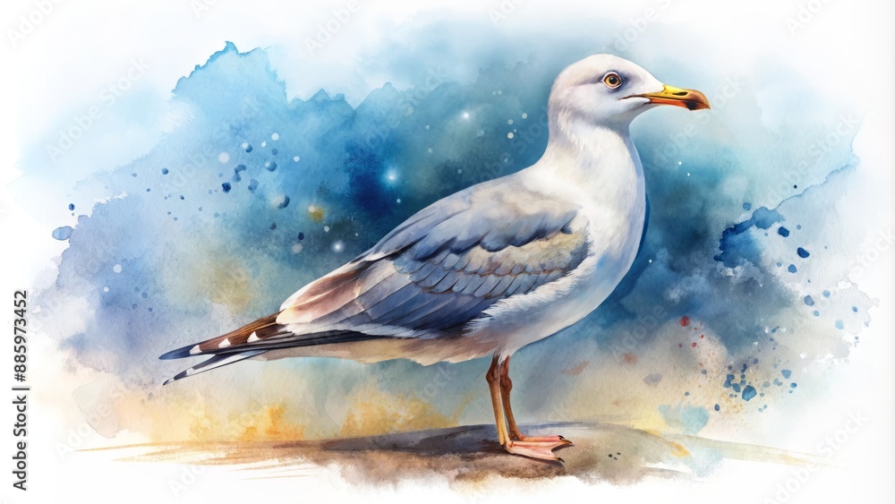 Fototapeta premium Delicate, dreamy, and beautifully rendered watercolor illustration of a majestic seagull standing alone on a pristine white background.