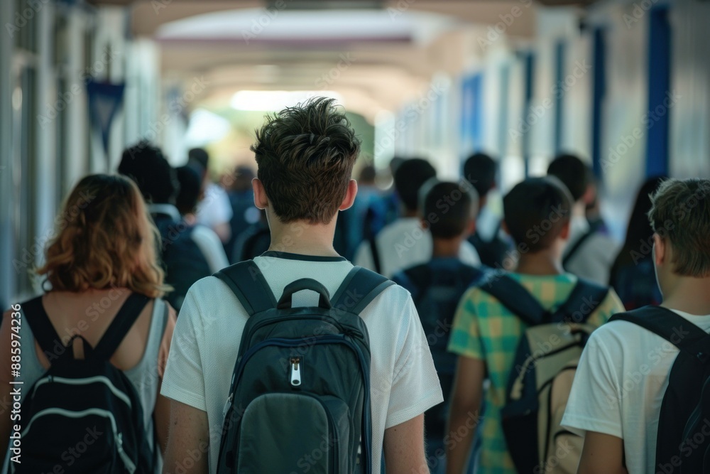 Large group of diverse high school students walking down school hallway Large group of diverse high school students walking down school hallway