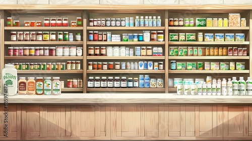 Natural Wellness Oasis Vibrant Shelves of Herbal Remedies and Supplements in a Modern Pharmacy Setting