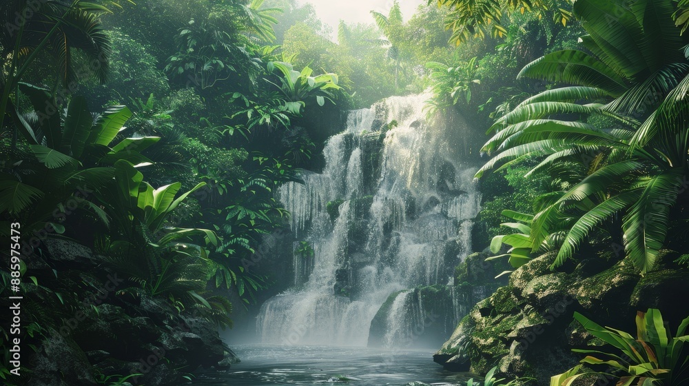 Lush jungle waterfall in minimalist Octane 3D render. God ray light. warm light. Peacefull Lush jungle waterfall in minimalist Octane 3D render. God ray light. warm light. Peacefull