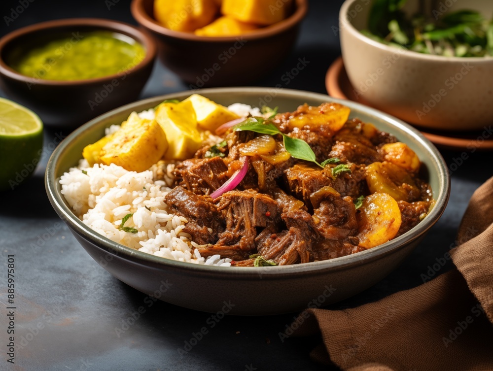 Delicious Bowl of Jamaican Curry Goat Served with White Rice and Plantains Delicious Bowl of Jamaican Curry Goat Served with White Rice and Plantains