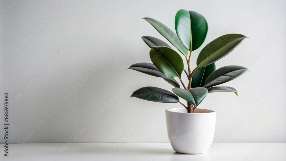 Sleek minimalist white pot holds a serene rubber plant ficus elastica with lush green leaves against a pristine white backdrop. Sleek minimalist white pot holds a serene rubber plant ficus elastica with lush green leaves against a pristine white backdrop.