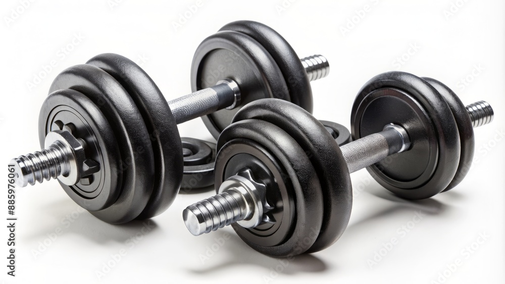 Metallic dumbbells of varying weights including 1.5kg, 2.5kg, and 5kg isolated on white background for exercise and fitness concepts. Metallic dumbbells of varying weights including 1.5kg, 2.5kg, and 5kg isolated on white background for exercise and fitness concepts.