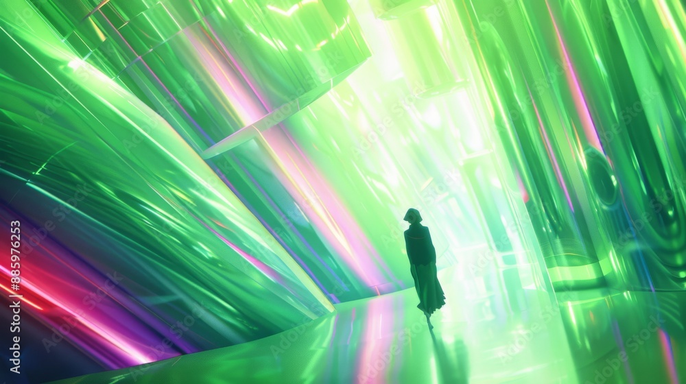 a person standing in a futuristic, neon-lit environment. The setting is filled with vibrant green, pink, and purple lights that create a dazzling, immersive atmosphere. a person standing in a futuristic, neon-lit environment. The setting is filled with vibrant green, pink, and purple lights that create a dazzling, immersive atmosphere.