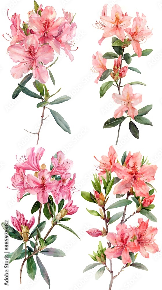 Set of Azalea Rhododendron watercolor illustration isolated on white background Set of Azalea Rhododendron watercolor illustration isolated on white background