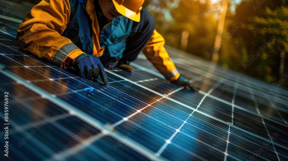 Close-up of a solar panel technician inspecting panels, copy space Close-up of a solar panel technician inspecting panels, copy space