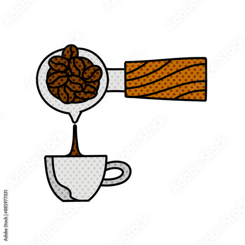 coffee machine portafilter pouring liquid into cup halftone hand drawn  color vector illustration