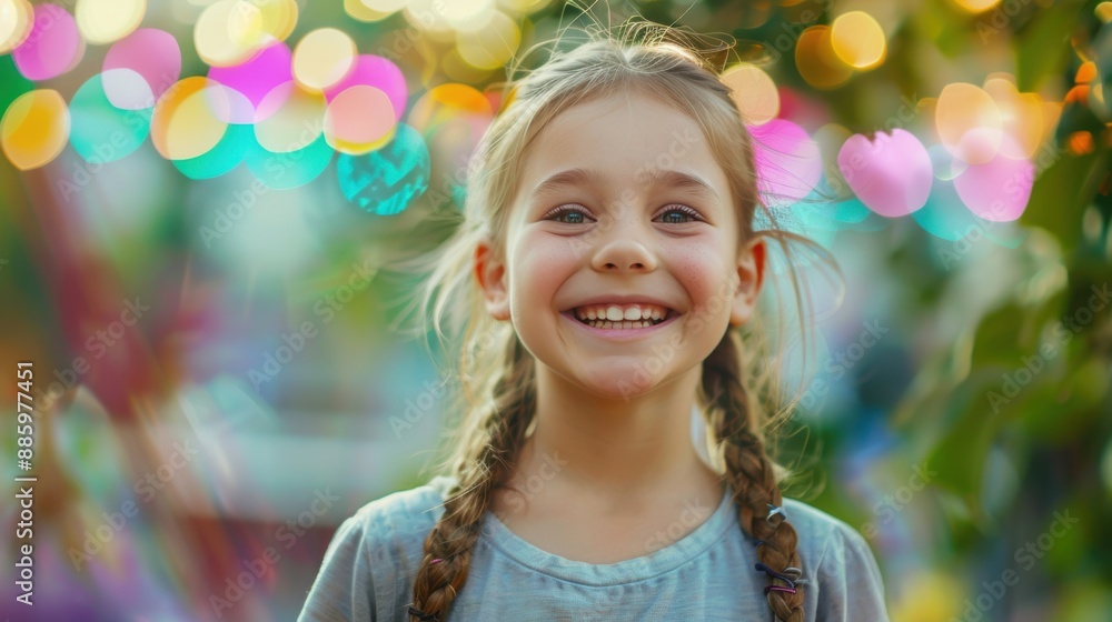 Happy young girl with braided hair smiles brightly with colorful bokeh lights in the background. Happy young girl with braided hair smiles brightly with colorful bokeh lights in the background.