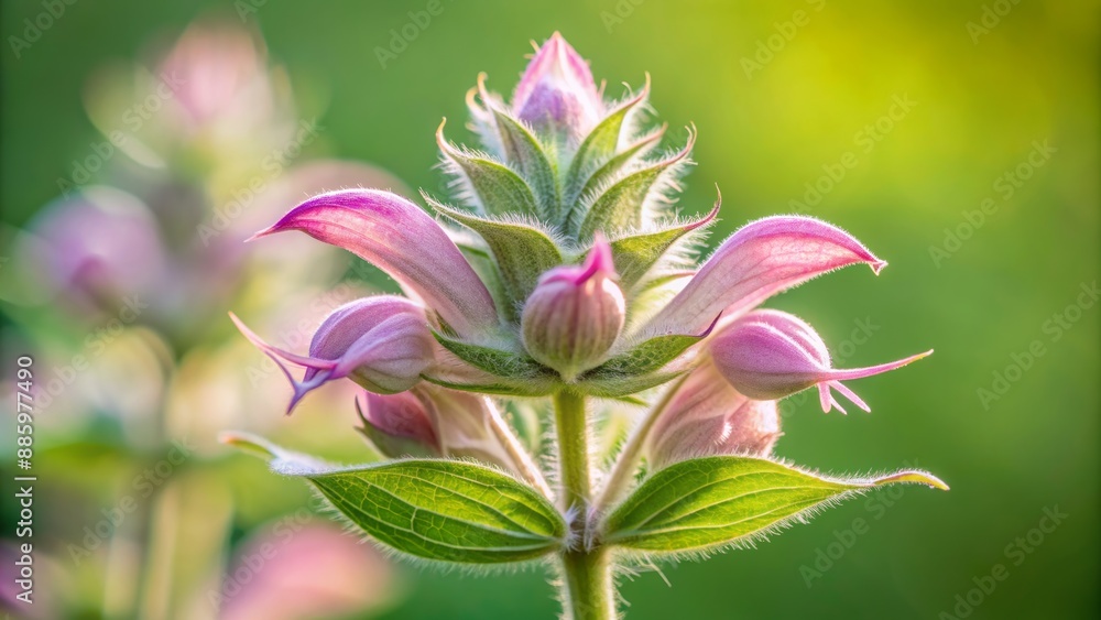 Delicate pale pink Clary sage flower bud with soft, subtle texture and intricate details, set against a muted green background. Delicate pale pink Clary sage flower bud with soft, subtle texture and intricate details, set against a muted green background.