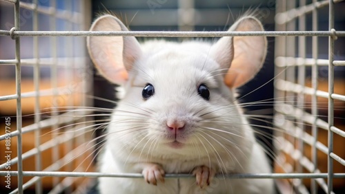 Fluffy white chinchilla with bright big eyes and soft fur peeking out of a small wire mesh cage quietly.