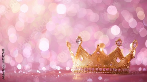 Elegant golden crown with jewels on a pink bokeh background, symbolizing royalty, luxury, and celebration. photo