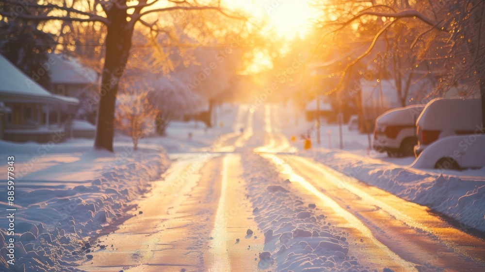 A picturesque snowy suburban street at sunset, with the golden light casting a warm glow on the snow-covered road and trees. A picturesque snowy suburban street at sunset, with the golden light casting a warm glow on the snow-covered road and trees.