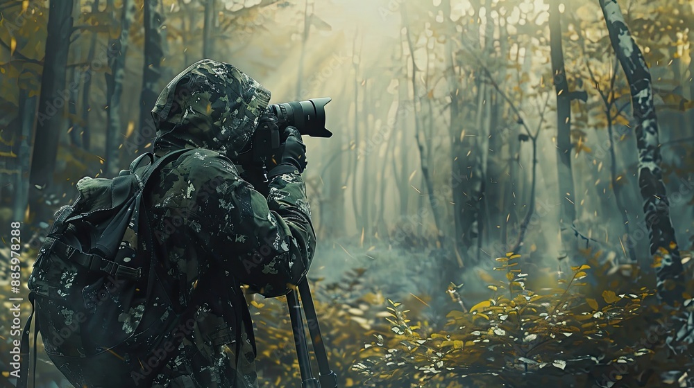 A man wearing a ghillie suit and holding a camera is taking a photo of a deer in the forest. A man wearing a ghillie suit and holding a camera is taking a photo of a deer in the forest.