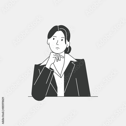 Professional business woman illustration thinking in business suit with hair tied career switch envy unhappy busy stressed out simple drawing