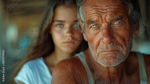 Close-up portrait of an elderly man with a young girl in the background, emphasizing generational contrast and emotional depth. © tashechka