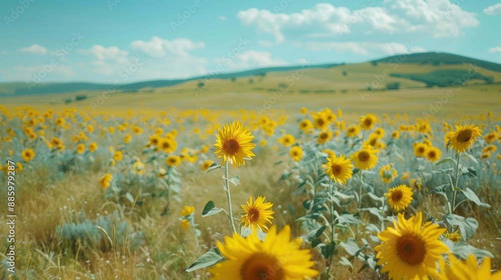 Obraz premium Vibrant sunflower field under a bright blue sky with distant rolling hills and fluffy white clouds.