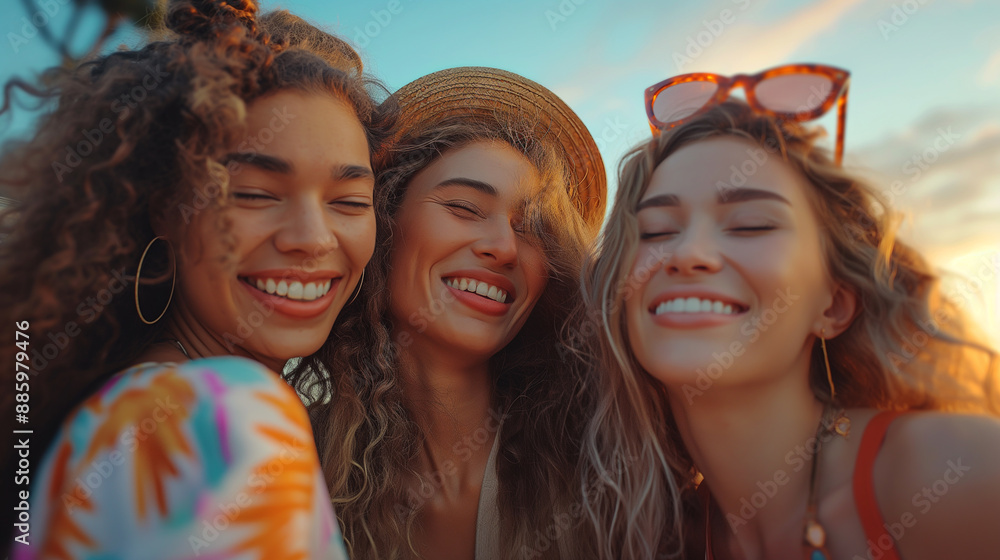 Three Happy Women Enjoying Sunset Together Three Happy Women Enjoying Sunset Together