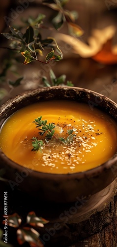 Delicious pumpkin soup served in a rustic bowl, garnished with fresh herbs and sesame seeds, perfect for a cozy autumn meal.