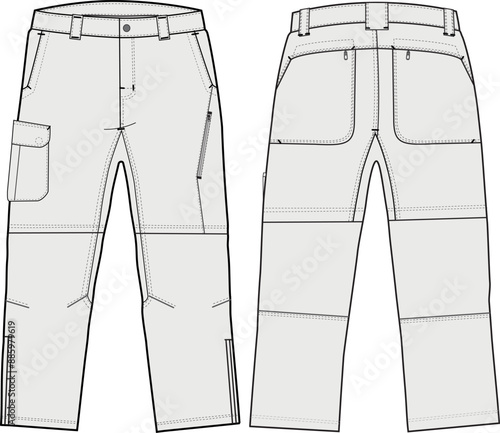 Hiking Pants Technical Fashion Illustration Mock-up Mountain Bottoms Template for Design and Tech Packs featuring Front and Back Views	