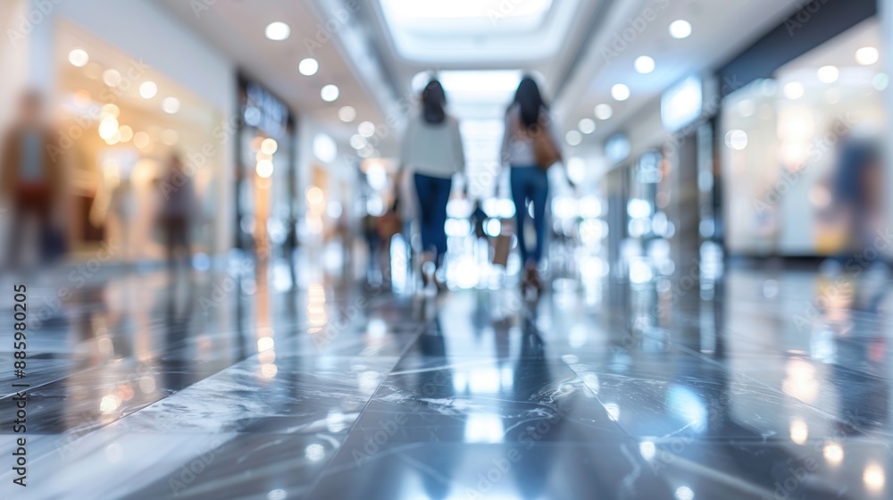 Blurred shoppers walking in a bright, modern shopping mall, showcasing a busy and bustling retail environment. Blurred shoppers walking in a bright, modern shopping mall, showcasing a busy and bustling retail environment.