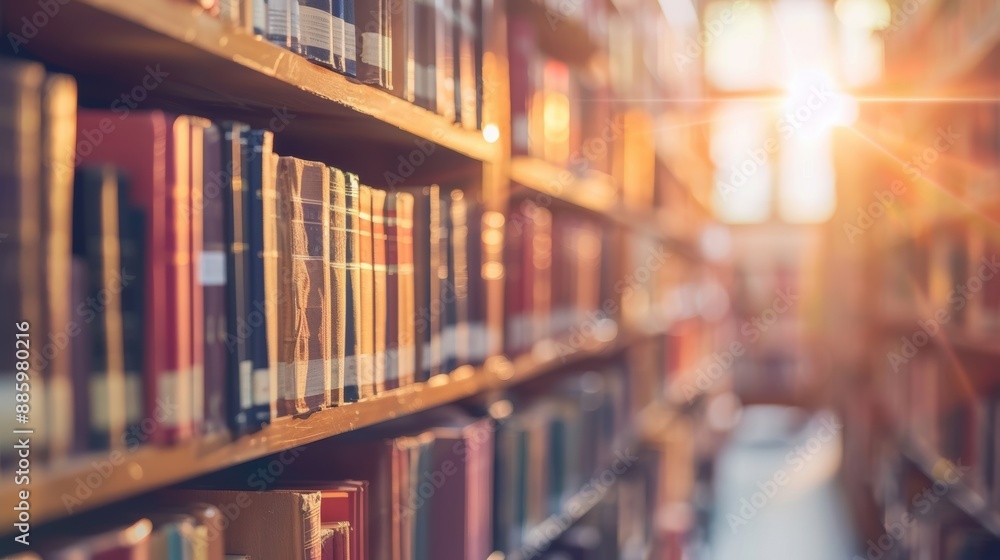 Sunlight streaming through a library aisle filled with bookshelves, creating a warm and inviting reading environment. Sunlight streaming through a library aisle filled with bookshelves, creating a warm and inviting reading environment.