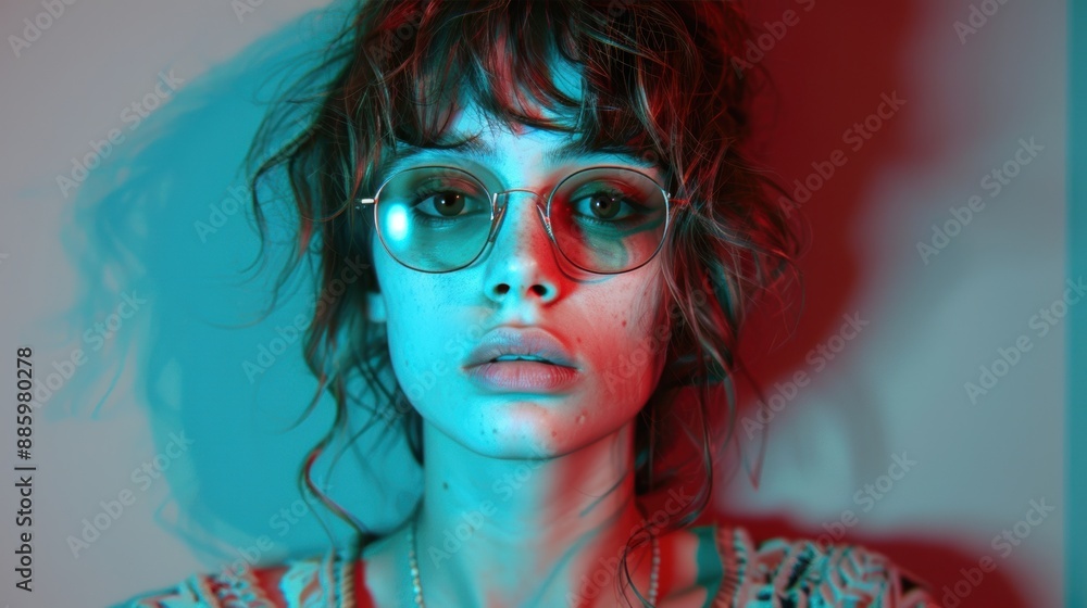 Close-up portrait of a young woman in vintage glasses with artistic blue and red lighting, creating a retro vibe. Close-up portrait of a young woman in vintage glasses with artistic blue and red lighting, creating a retro vibe.